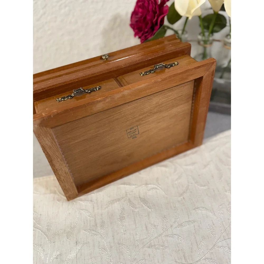 Vintage Wooden Jewelry Box Mirror Drawer Brass Hardware Brown Estate Organzier